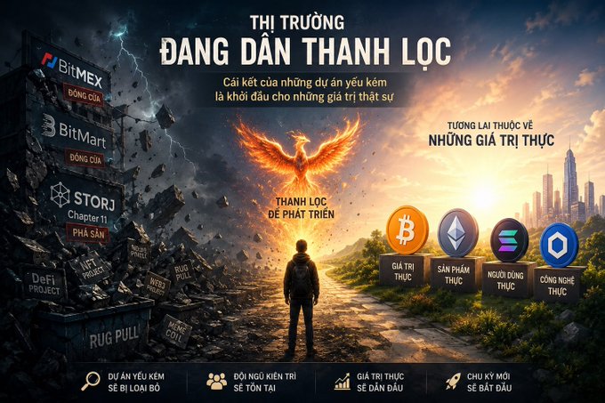 A Vietnamese-language cryptocurrency infographic titled 'THỊ TRƯỜNG ĐANG DẦN THANH LỌC' (The market is gradually filtering out), showing defunct projects like BitMEX, BitMart, and Storj on the left and surviving crypto values like BTC, ETH, SOL on the right.
