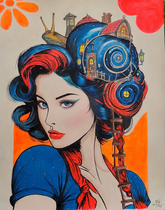 A colorful, surreal illustration of a woman with blue hair featuring small buildings, a snail, and a ladder integrated into her hair, signed and dated 2026.
