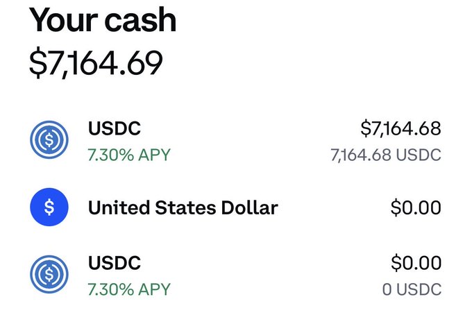 A digital wallet or account balance screen showing 'Your cash' totaling $7,164.69, with USDC holdings of 7,164.68 USDC earning 7.30% APY and a United States Dollar balance of $0.00.