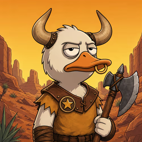 Cartoon illustration of a grumpy white duck with horns, a nose ring, and a leather vest, holding a double-bladed axe against a desert canyon backdrop.
