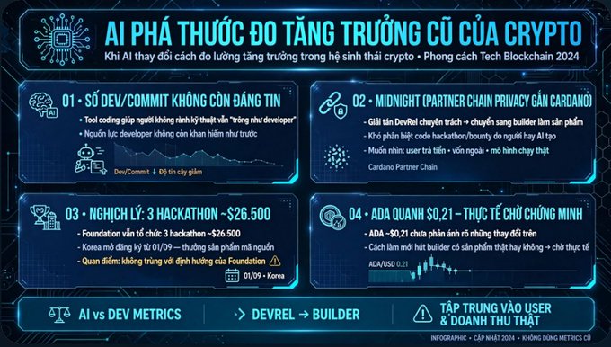 A Vietnamese infographic titled 'AI PHÁ THUỐC ĐO TĂNG TRƯỞNG CŨ CỦA CRYPTO' detailing crypto growth metrics including Dev/Commit, Midnight (Cardano Partner Chain), ADA Foundation hackathons spending $26,500, and ADA dropping out of the top 21.