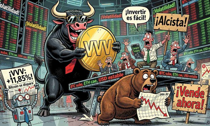 A cartoon depiction of a stock market trading floor with a bull holding a 'VW' coin, a bear holding a downward chart, and panicked traders holding signs reading '¡Volatilidad!', '¡Alcista!', 'Bitcoin se dispara', and '¡Vende ahora!'
