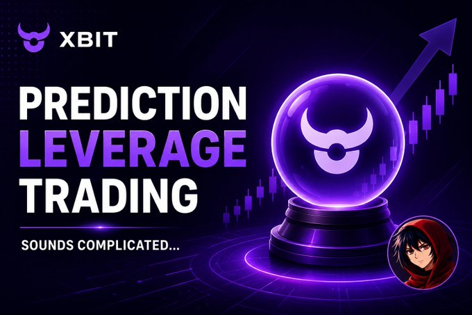 A promotional graphic with the text 'XBIT', 'PREDICTION LEVERAGE TRADING', and 'SOUNDS COMPLICATED...', featuring a purple crystal ball with a bull logo and a rising chart.