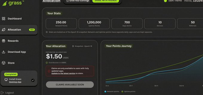 A screenshot of the Grass dashboard showing an "Allocation" page for user "LEO24" with stats including 250 Network Points, 1,200,000 Uptime Points, 700 Days Active, 10 Devices, and 50 Referrals, alongside an estimated allocation of $1.50 USDC. The image illustrates the post's instructions to check $GRASS airdrop eligibility via the Allocation page at app.grass.io/dashboard/allo.
