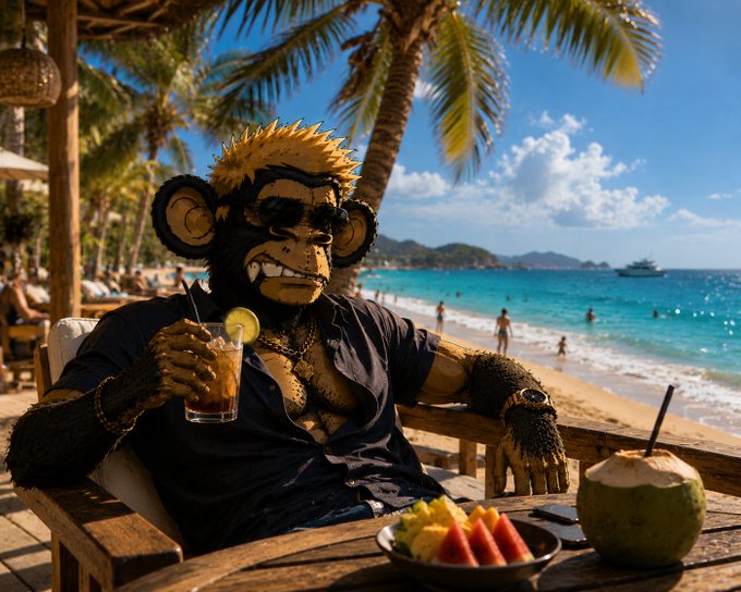 An AI-generated image of a monkey with blonde hair and sunglasses wearing a dark shirt, relaxing with a cocktail and fruit platter at a tropical beach bar.