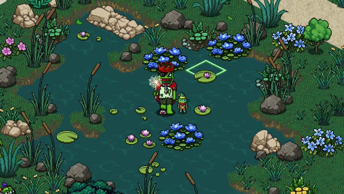 A pixel art video game scene showing a character with red hair standing in a pond surrounded by lily pads, rocks, cattails, and blue flowers.