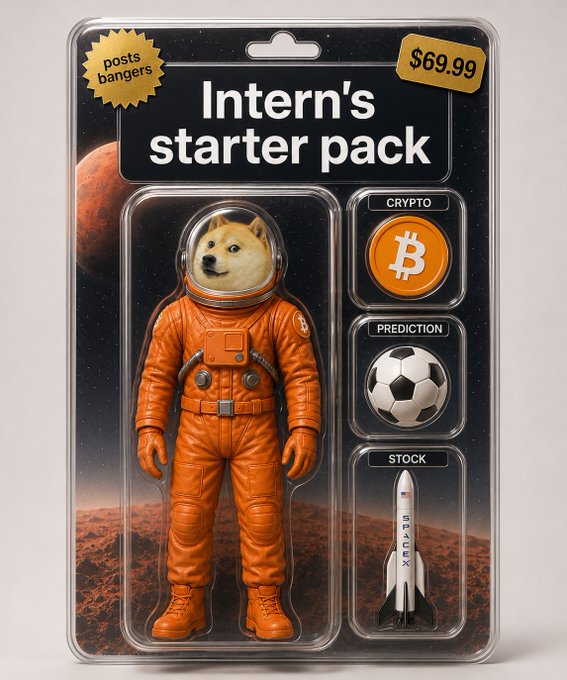 A "Intern's starter pack" blister pack priced at $69.99 (tagged "posts bangers") features a Shiba Inu "dogonaut" in an orange spacesuit alongside accessories labeled "CRYPTO" (Bitcoin), "PREDICTION" (soccer ball), and "STOCK" (a rocket branded "SPACEX"), humorously illustrating the post's prompt for others to share their own finance starter pack combinations.