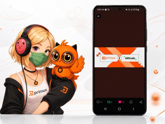 Promotional artwork featuring an anime-style character with an orange owl mascot wearing a 'primus' shirt, alongside a smartphone displaying 'primus' and 'AllScale' logos.