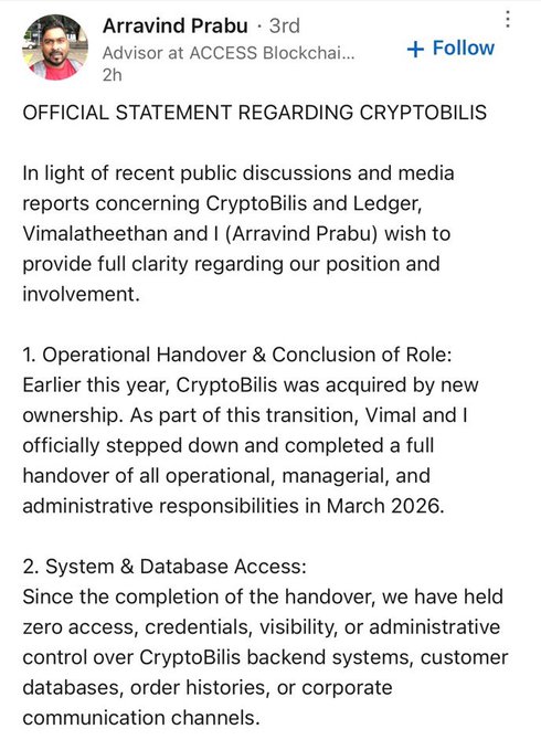 A LinkedIn post by Arravind Prabu, Advisor at ACCESS Blockchain, titled 'OFFICIAL STATEMENT REGARDING CRYPTOBILIS,' addressing operational handover and system/database access following the acquisition of CryptoBilis in March 2026.