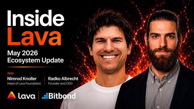 The image features two men with beards smiling for a photo. The background of the image is black, which contrasts with the white text that reads "Inside lava" at the top. Below this, there are three logos representing different companies or organizations related to the topic of "Inside lava". One logo is from Lava, another one is from Bitbond, and the third one is from B2B. The men in the image appear to be promoting a project or event related to "Inside lava" with an emphasis on ecosystem updates.