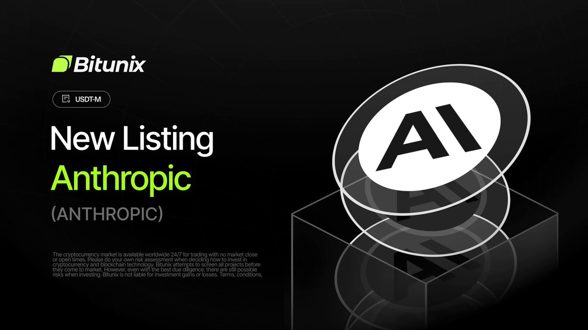 In this image, there's a black background with white text. The text mentions that Bitunix has launched "New Listing: Anthropic" which indicates an upcoming live auction for the Anthropic token. Additionally, the post provides details about the token, stating it is listed on the Bitunix platform and its trade value of $ANTHROPIC. This information suggests that the token may be related to a company named Anthropic or potentially related to the concept of anthropic physics.