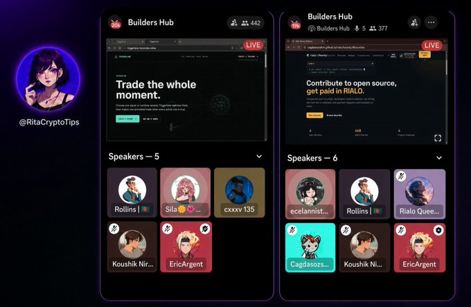 A Twitter/X Spaces interface from @RitaCryptoTips titled 'Builders Hub' showing two live spaces with 442 and 377 listeners respectively, featuring speakers like 'Rollins', 'Sila', 'cxxxv 135', 'ecelannist', and 'EricArgent' alongside topics like 'Trade the whole moment' and 'Contribute to open source, get paid in RIALO'.