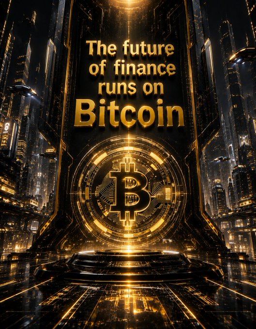 A futuristic golden Bitcoin promotional graphic with the text 'The future of finance runs on Bitcoin' displayed above a glowing Bitcoin symbol in a sci-fi cityscape.