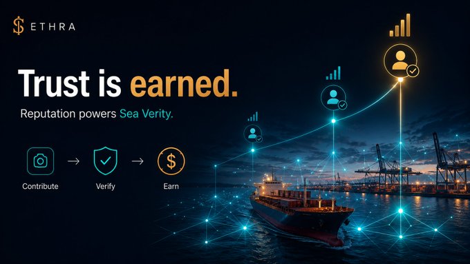 A promotional graphic for 'ETHRA' with the tagline 'Trust is earned. Reputation powers Sea Verity,' showing a three-step process: Contribute, Verify, and Earn, overlaid on an image of a cargo ship at port with connected user nodes.