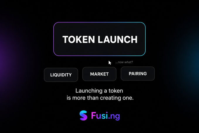 A digital graphic for 'TOKEN LAUNCH' with the tagline 'Launching a token is more than creating one,' featuring buttons for 'LIQUIDITY', 'MARKET', and 'PAIRING', branded with the 'Fusi.ng' logo.