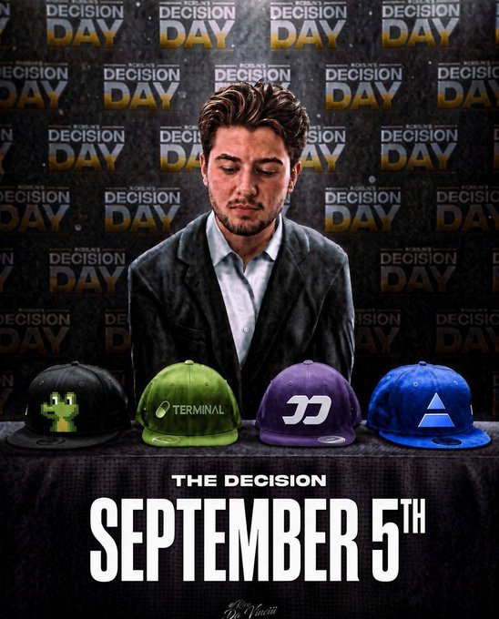 A stylized promotional poster features a serious-looking man in a suit standing behind four baseball caps representing different brands (Terminal, JJ, and two with geometric logos), with "DECISION DAY" repeated across the background and "THE DECISION - SEPTEMBER 5TH" at the bottom. The image visually reinforces the post's announcement of an upcoming brand commitment announcement, with the four caps symbolizing the "decision" between options referenced in the caption.
