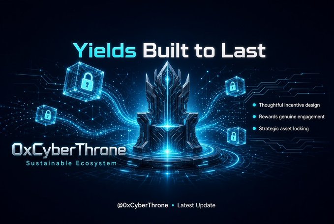 A promotional graphic for '0xCyberThrone' features a glowing blue sci-fi throne surrounded by lock icons with the headline 'Yields Built to Last'. Bullet points highlight thoughtful incentive design, genuine engagement rewards, and strategic asset locking.