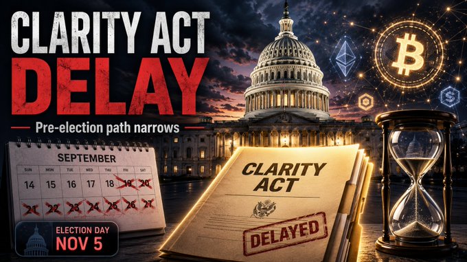 A news-style graphic titled 'CLARITY ACT DELAY' shows the U.S. Capitol building, a calendar marking dates with X's, a document stamped 'DELAYED', and cryptocurrency symbols including Bitcoin and Ethereum.
