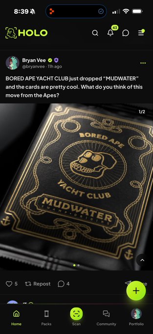 A screenshot of a social media post by Bryan Vee on the HOLO app featuring Bored Ape Yacht Club's 'MUDWATER' playing cards with gold skull designs on a black background.