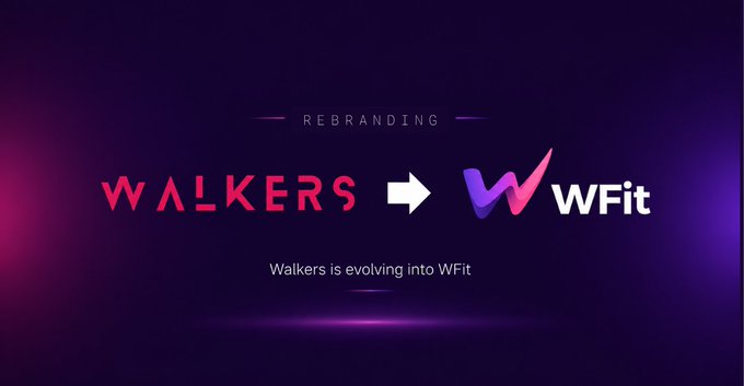 A rebranding announcement graphic with a purple gradient background showing 'REBRANDING' text above, the Walkers logo on the left transforming via an arrow into a new WFit logo on the right, with the tagline 'Walkers is evolving into WFit' below.