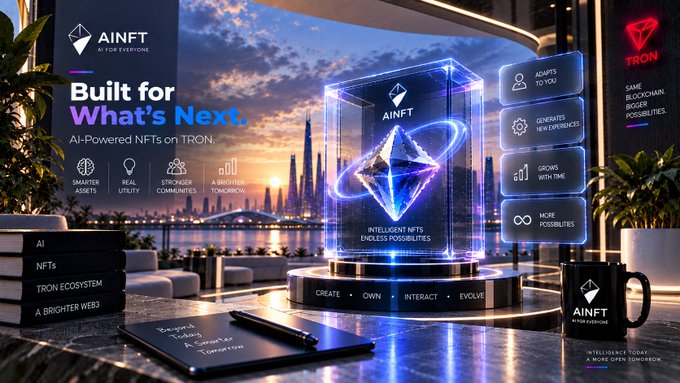 A promotional banner for 'AINFT' advertises 'Built for What's Next: AI-Powered NFTs on TRON' featuring a glowing crystal display, with benefits including 'ADAPTS TO YOU', 'GENERATES NEW EXPERIENCES', and 'GROWS WITH TIME'.