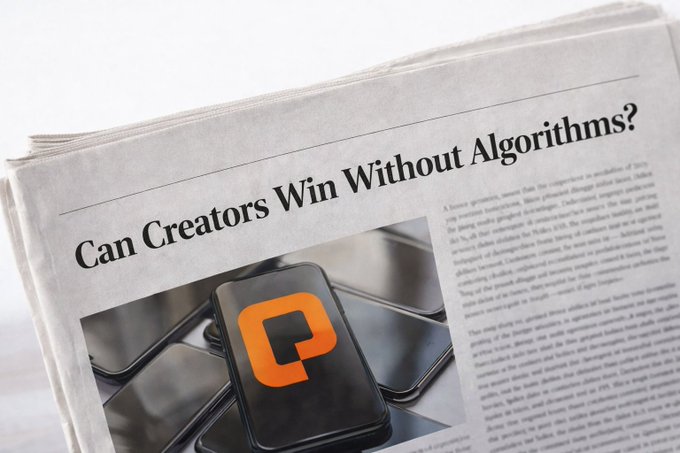 A newspaper displays the headline "Can Creators Win Without Algorithms?" alongside a photo of smartphones featuring an orange "P" logo, visually reinforcing the article's theme about creator dependence on platform algorithms like Patreon.
