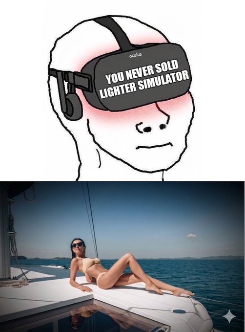 A Wojak meme wearing an Oculus VR headset reading "YOU NEVER SOLD LIGHTER SIMULATOR" appears above an image of a bikini-clad woman relaxing on a yacht, both referencing the "$LIT" ticker through humor about holding onto virtual lighter assets while enjoying a luxurious lifestyle.