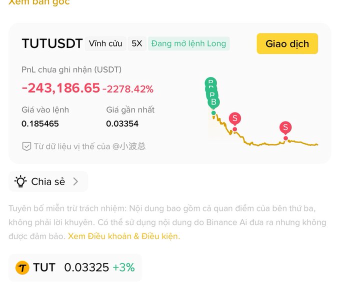 A Binance futures position showing TUTUSDT (Vĩnh cửu, 5X) with an unrealized PnL of -$243,186.65 (-2278.42%), entered at $0.185465 against a current price of $0.03354 — illustrating the post's warning about whales getting wiped out on low-cap "trash coins" where recovery chances are virtually zero.