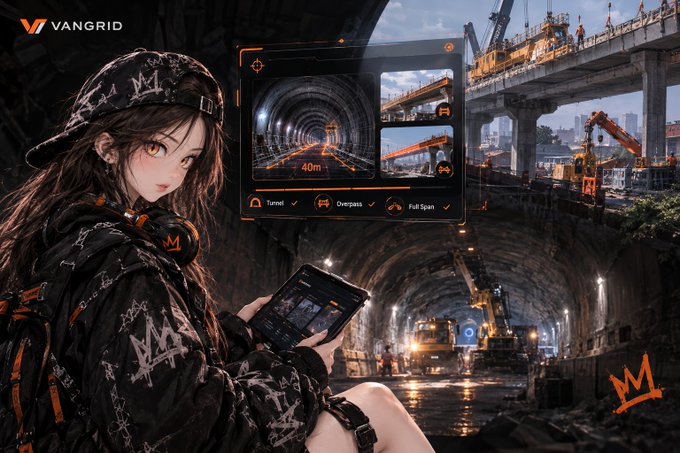 An anime-style digital artwork featuring a girl in a black cap and jacket holding a device, with "VANGRID" branding and HUD elements showing "Tunnel", "Overpass", and "Full Span" options over a construction site background.