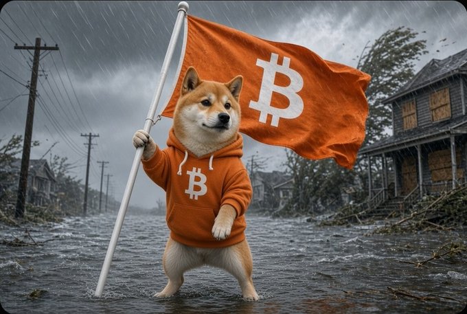 An AI-generated image depicting a Shiba Inu dog wearing an orange Bitcoin hoodie and holding a large orange Bitcoin flag while standing in a flooded, stormy landscape with abandoned houses.