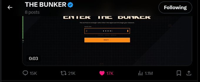 A social media post screenshot showing "THE BUNKER" account with a video thumbnail that reads "CLICK THE BUNKER" featuring a password entry field and a "READY" button.