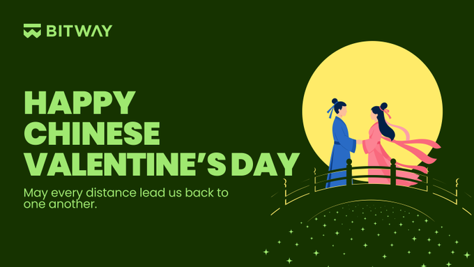 The image is a Bitway-branded Qixi Festival (Chinese Valentine's Day) graphic featuring a stylized illustration of a couple in traditional attire on a bridge against a full moon, with the text "HAPPY CHINESE VALENTINE'S DAY" and the message "May every distance lead us back to one another." It visually reinforces the post's theme of love, community, and lasting bonds, with the bridge and moon symbolizing connection and reunion central to the Qixi legend.