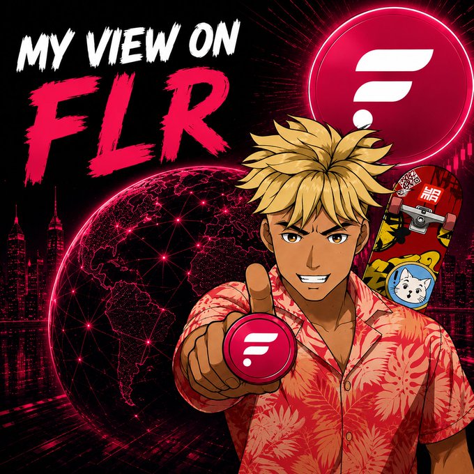 The image features a cartoon boy wearing a floral shirt, holding up two coins that say "FLR" and "FASSETS", suggesting they are related to cryptocurrency or blockchain technology. The background of the image shows a city skyline with buildings, indicating an urban setting. The caption below the image reads "My view on FLR FASSETS".