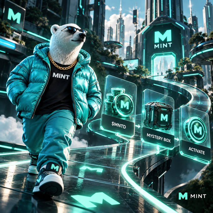 A stylized promotional image for 'MINT' featuring a white bear wearing sunglasses, a teal puffer jacket, and a gold chain, walking through a futuristic city with tokens labeled '$MNTD', 'MYSTERY BOX', and 'ACTIVATE'.