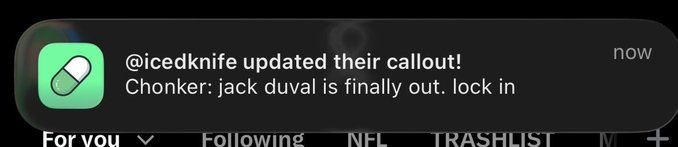 A notification from user @icedknife showing a callout update that reads "Chonker: jack duval is finally out. lock in," which the post mocks as a surprisingly bullish signal based solely on Jack Duval leaving the coin.