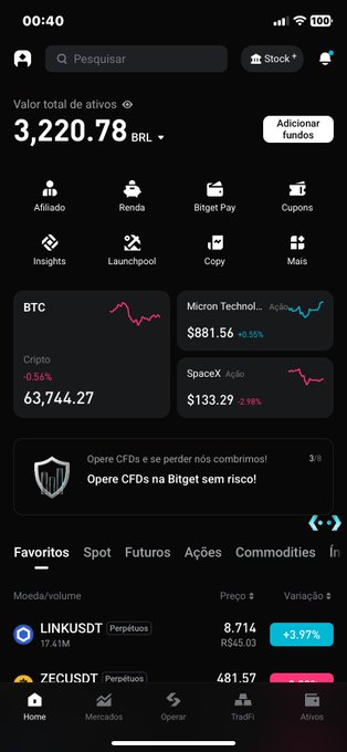 A screenshot of the Bitget trading app showing a portfolio totaling 3,220.78 BRL, with BTC valued at 63,744.27 (-0.56%), LINKUSDT at 8.714 (+3.97%), and 7ECUSDT at 481.57, illustrating the progress mentioned in the post toward a $1,000,000 crypto goal.