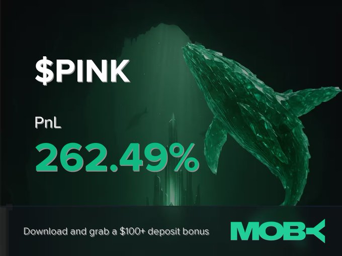 A Moby Mobile promotional graphic featuring a crystalline green whale and "$PINK" prominently displayed, highlighting a PnL of 262.49% alongside a call-to-action offering a $100+ deposit bonus, visually celebrating the profitable trade mentioned in the post.