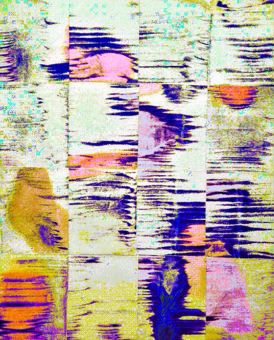 An abstract, glitch-style digital artwork composed of grid panels with distorted horizontal streaks in vibrant colors like pink, yellow, orange, and deep blue.