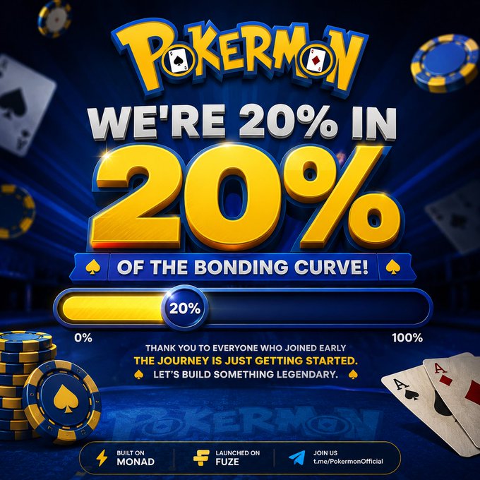 The image features a blue background with various objects such as Pokemon coins scattered around, representing the gaming aspect of the poster. In the foreground, there are two piles of poker chips, one labeled "Pokemon" and the other simply called "Poker". At the bottom of the poster, there is text that reads: "Momentum is building. PokerMon has now reached 20% of the bonding curve. Thank you to everyone who joined early and believes in the vision of bringing poker to Monad. We're still at the beginning of the journey, and the table is just getting started." The bottom post appears to be a list or an infographic of various items, likely providing more details about the event being advertised.