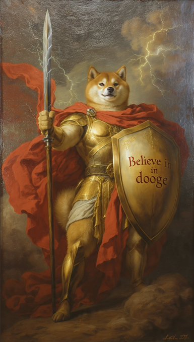 A Shiba Inu dog dressed as a classical golden-armored warrior stands heroically with a spear and red cape, holding a shield inscribed with "Believe in dooge" against a stormy, lightning-filled sky. The painting visually embodies the post's message by depicting the Doge meme as a noble, steadfast champion worthy of belief.