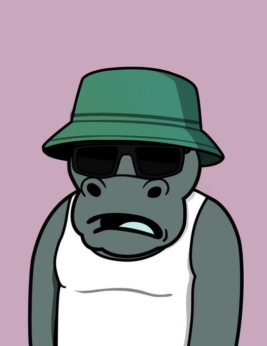 Cartoon-style illustration of a grumpy-looking gorilla wearing a green bucket hat, black sunglasses, and a white tank top against a pink background.