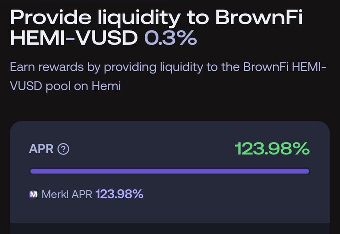 A dark-themed interface displaying "Provide liquidity to BrownFi HEMI-VUSD 0.3%" with an APR of "123.98%" and "Merkl APR 123.98%".