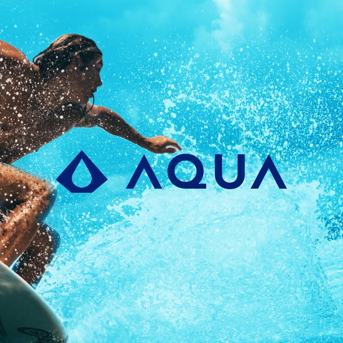 A surfer in action against splashing turquoise water, overlaid with the blue 'AQUA' logo and water droplet symbol.