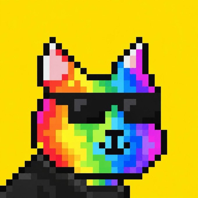 A pixel art image of Nyan Cat with a rainbow body and pop-tart torso floating against a yellow background, fitting the casual "gm" (good morning) greeting commonly shared in crypto communities.