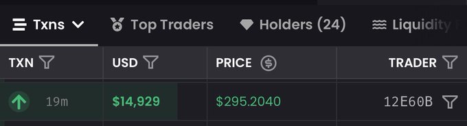 A transaction table displays a single trade where wallet 12E60B spent $14,929 USD to purchase LAPTOP tokens at a price of $295.2040 just 19 minutes ago, illustrating the alleged sniper bot purchase at an extreme market cap as described in the post.