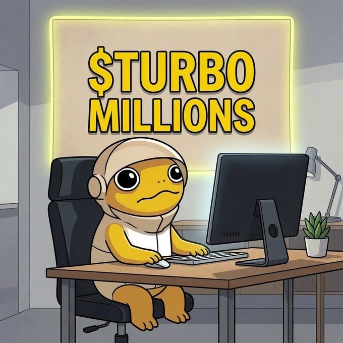 A cartoon turtle wearing headphones sits at a computer desk in an office, with a glowing sign behind it reading "$TURBO MILLIONS".