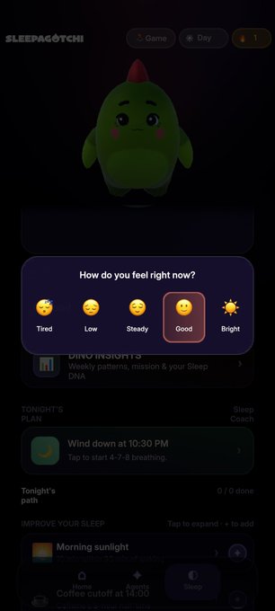 A dark-themed mobile app screenshot for 'Sleepagotchi' showing a green dinosaur character and a mood check question 'How do you feel right now?' with 'Good' selected.
