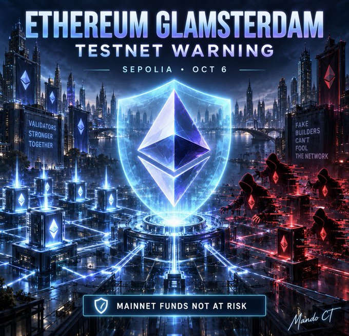 The image is a stylized promotional graphic for "ETHEREUM GLAMSTERDAM TESTNET WARNING," announcing the Sepolia testnet launch on October 6, featuring a central glowing Ethereum logo shield flanked by blue validator towers ("VALIDATORS STRONGER TOGETHER") and red hooded hacker figures ("FAKE BUILDERS CAN'T FOOL THE NETWORK"), with a note that "MAINNET FUNDS NOT AT RISK."

The graphic visually illustrates the post's warning about the Glamsterdam upgrade, depicting the cybersecurity threat of fake builder identities (the hooded figures on the right) that developers identified, while emphasizing that the Ethereum validators and mainnet remain secure.