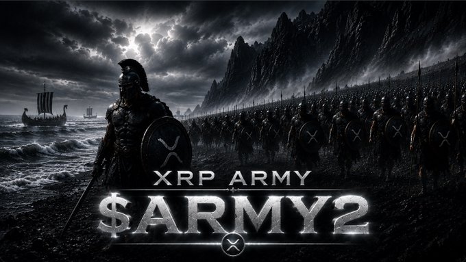A dark, dramatic battle scene shows a Spartan-like warrior in the foreground with an XRP-branded shield, leading an army of similarly armored soldiers marching along a stormy coastline with Viking ships in the distance. The bold text overlay reads "XRP ARMY" and "$ARMY2," visually reinforcing the post's message about the expanding XRP community and the associated token with contract address 9cwLL7Uf37eCEL1wkVF2nvJaVamEEh2zfPxzWirmpump.