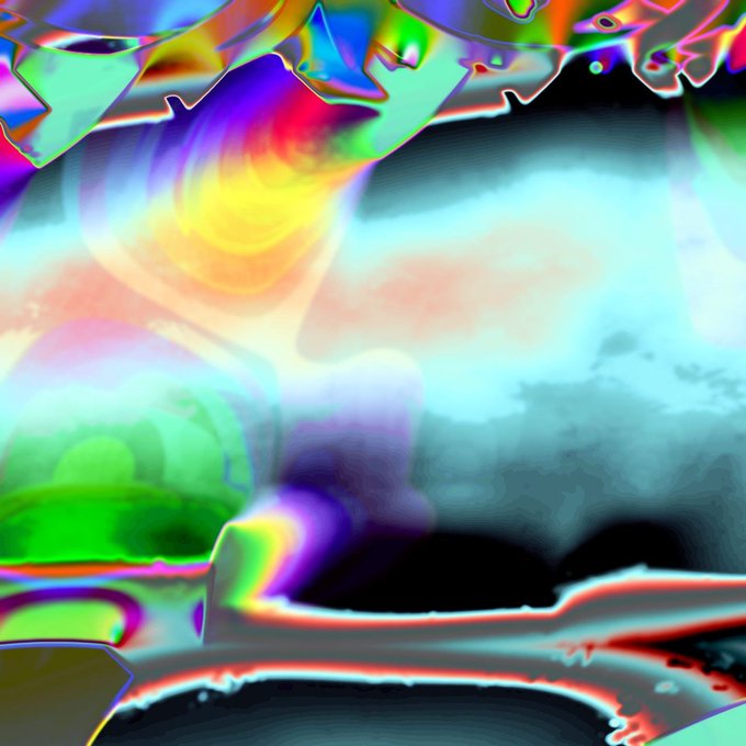 An abstract, psychedelic image with swirling vibrant colors including green, blue, pink, and yellow that appear to be heavily distorted or filtered.